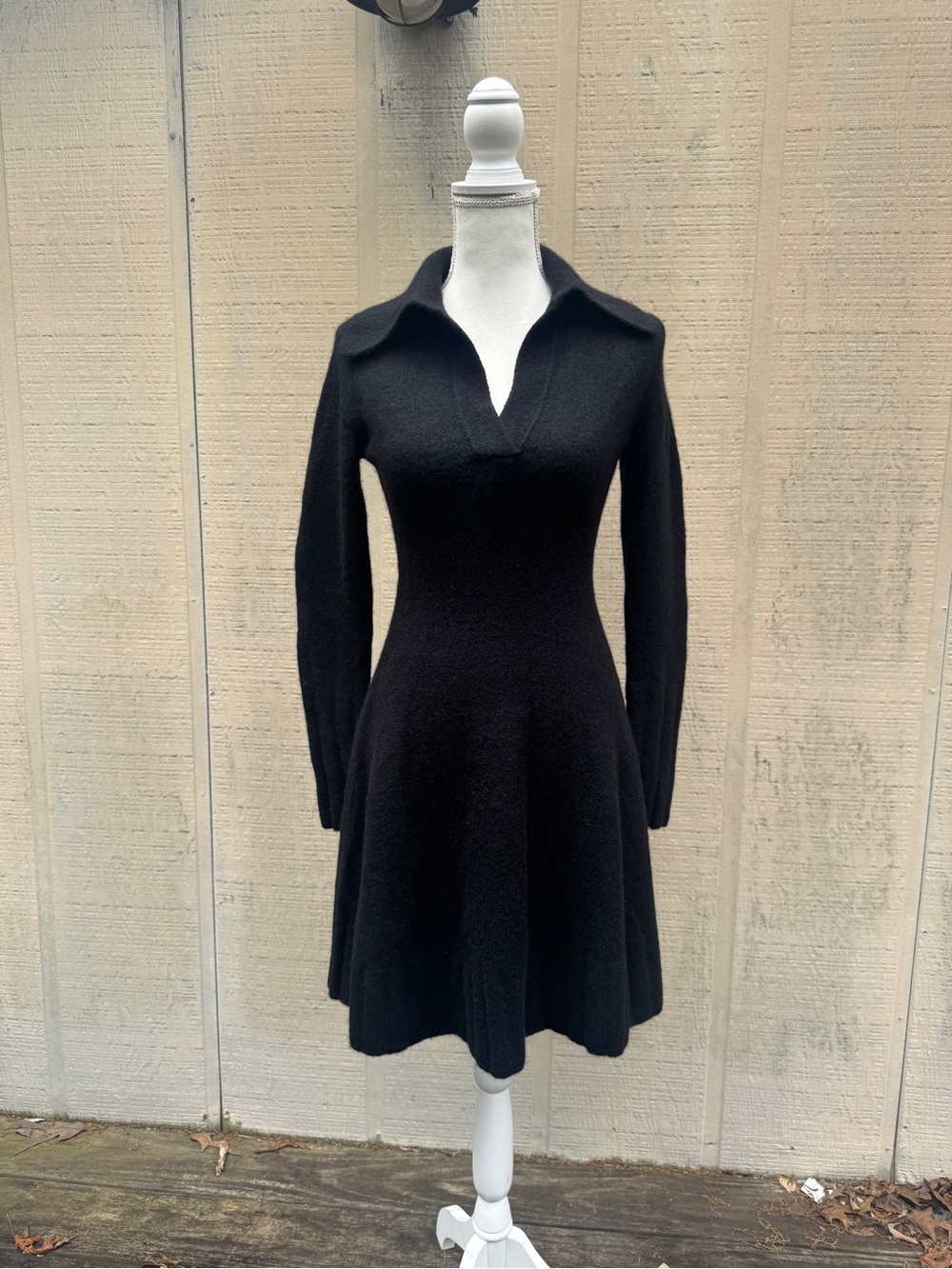 Banana Republic Rosie Black Knit Long-Sleeve Johnny Collar Fit & Flare Dress